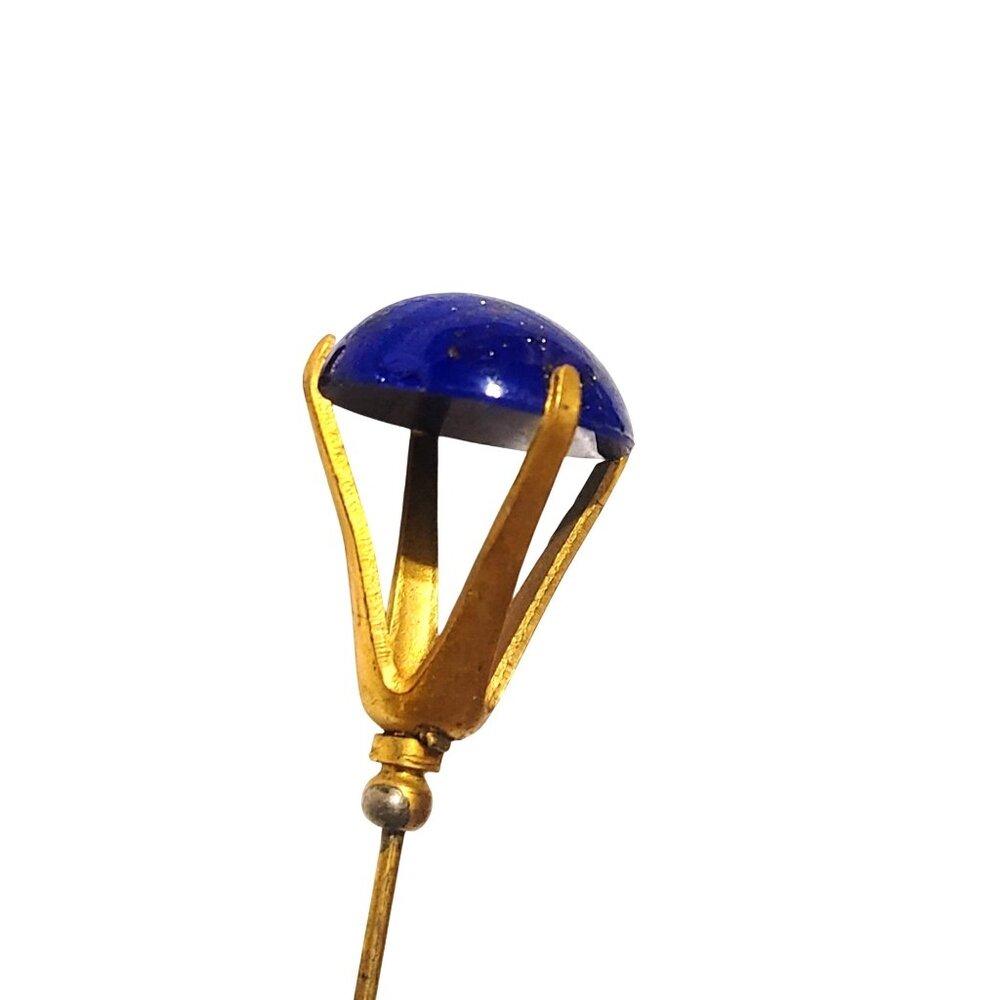 Long Hat Dress Pin Vintage Brass Blue Lapis Glass Bead Gold Tone Straight Dome